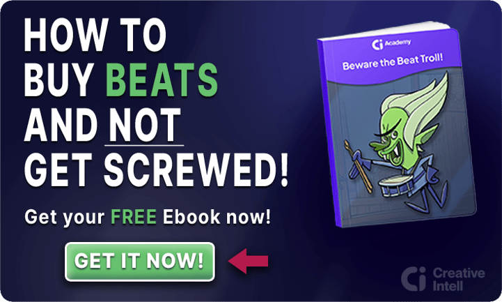 How to buy beats and not get screwed, an ad for an ebook with a troll playing a drum and a green button reading Get It Now!